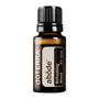 A 15 ml amber glass bottle of doTERRA abóde Refreshing Blend essential oil with a black ribbed cap and a white and brown label, shown on a solid white background.