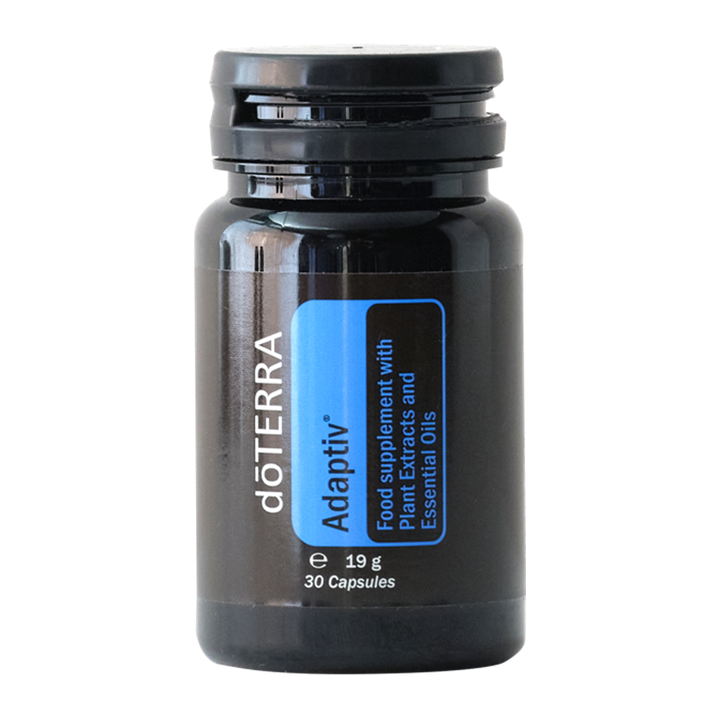 A black bottle of döTERRA Adaptiv food supplement with a blue and black label, containing 30 capsules, on a white background.