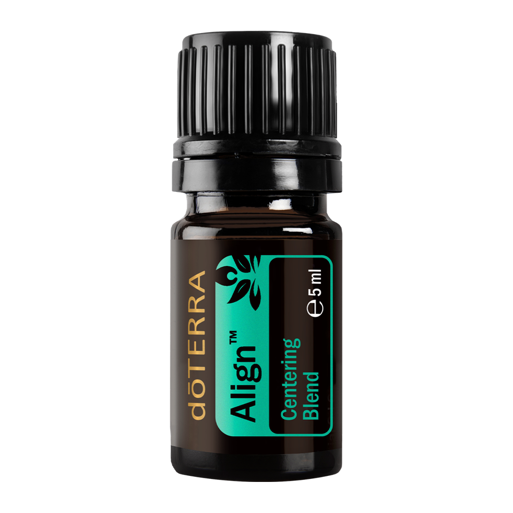 A 5ml bottle of doTERRA Align Centering Blend essential oil on a solid white background.