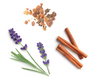 Fresh lavender sprigs with purple flowers and green stems, cinnamon sticks, and a small pile of amber-colored resin pieces arranged on a white background.