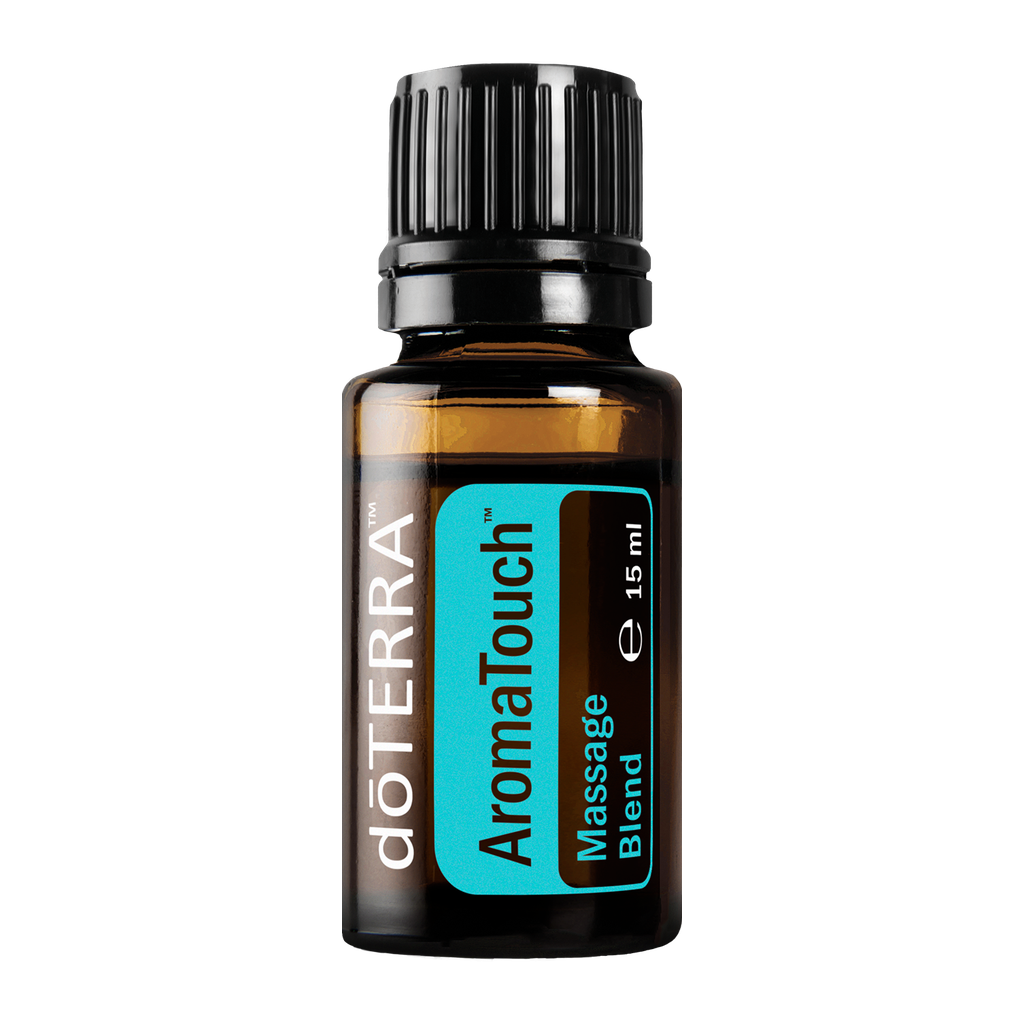 A 15 ml bottle of doTERRA AromaTouch Massage Blend essential oil on a solid white background.
