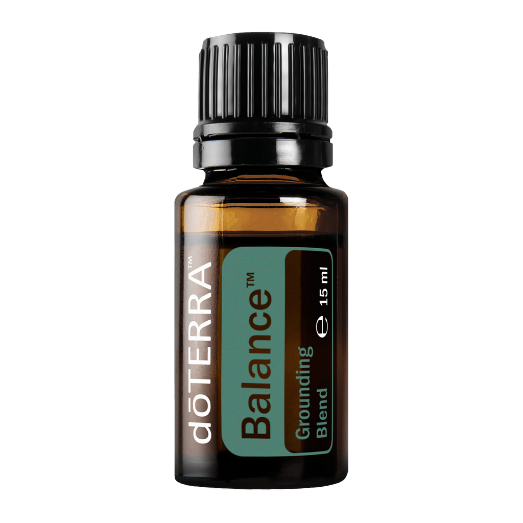 A 15 ml bottle of doTERRA Balance Grounding Blend essential oil on a solid white background.