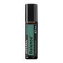 A 10 ml roll-on bottle of doTERRA Balance Grounding Blend essential oil, featuring a black cap and a dark green and black label, on a solid white background.