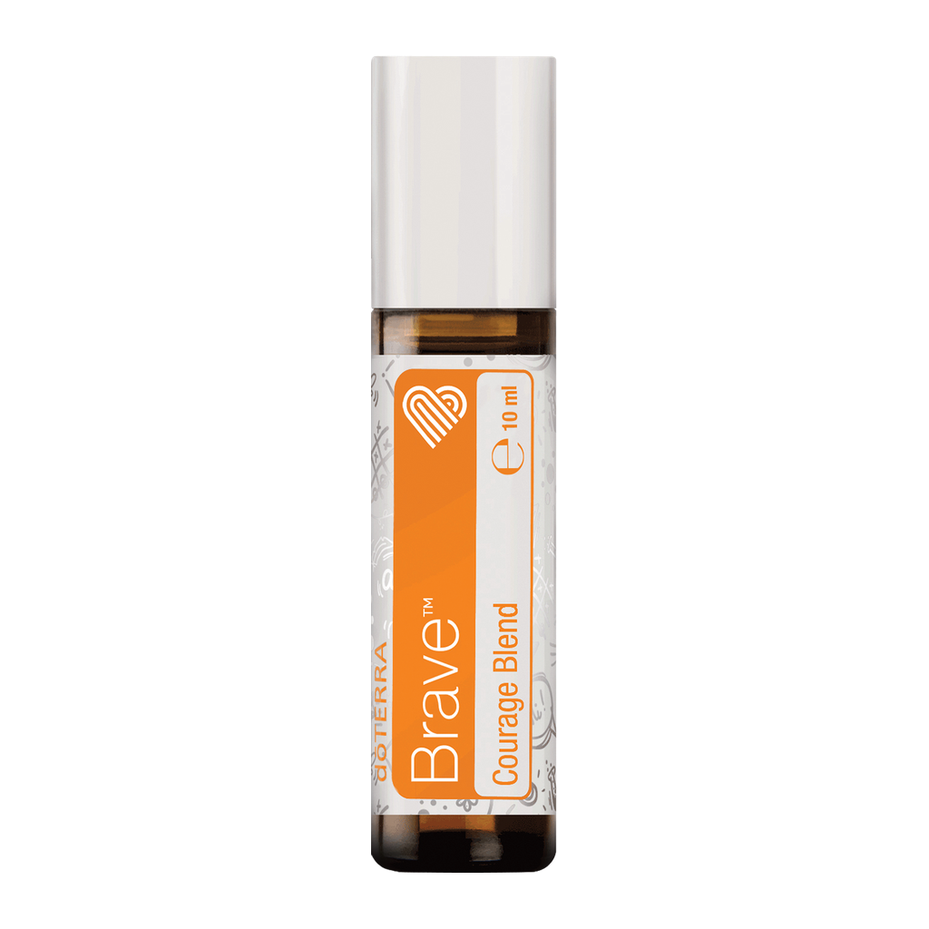 A 10 ml amber glass roller bottle of doTERRA Brave Courage Blend essential oil with a white cap and an orange and white label, shown on a plain white background.