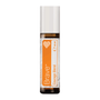 A 10 ml amber glass roller bottle of doTERRA Brave Courage Blend essential oil with a white cap and an orange and white label, shown on a plain white background.