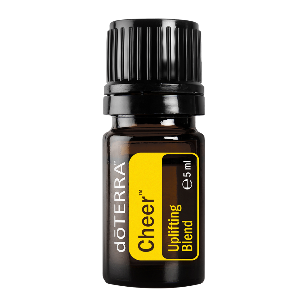 A 5ml bottle of doTERRA Cheer Uplifting Blend essential oil on a solid white background.