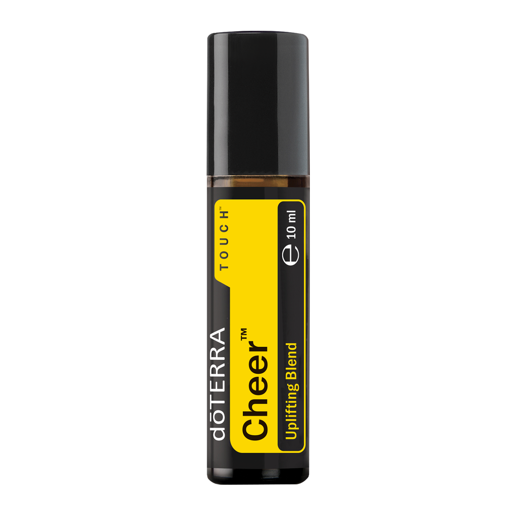 A 10 ml roll-on bottle of doTERRA Cheer Uplifting Blend essential oil on a solid white background.
