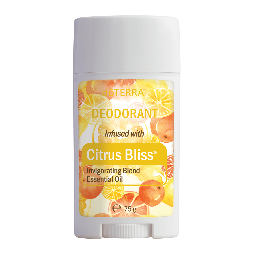A white doTERRA deodorant stick with a citrus-themed label reading 'Citrus Bliss Invigorating Blend Essential Oil' on a plain white background.