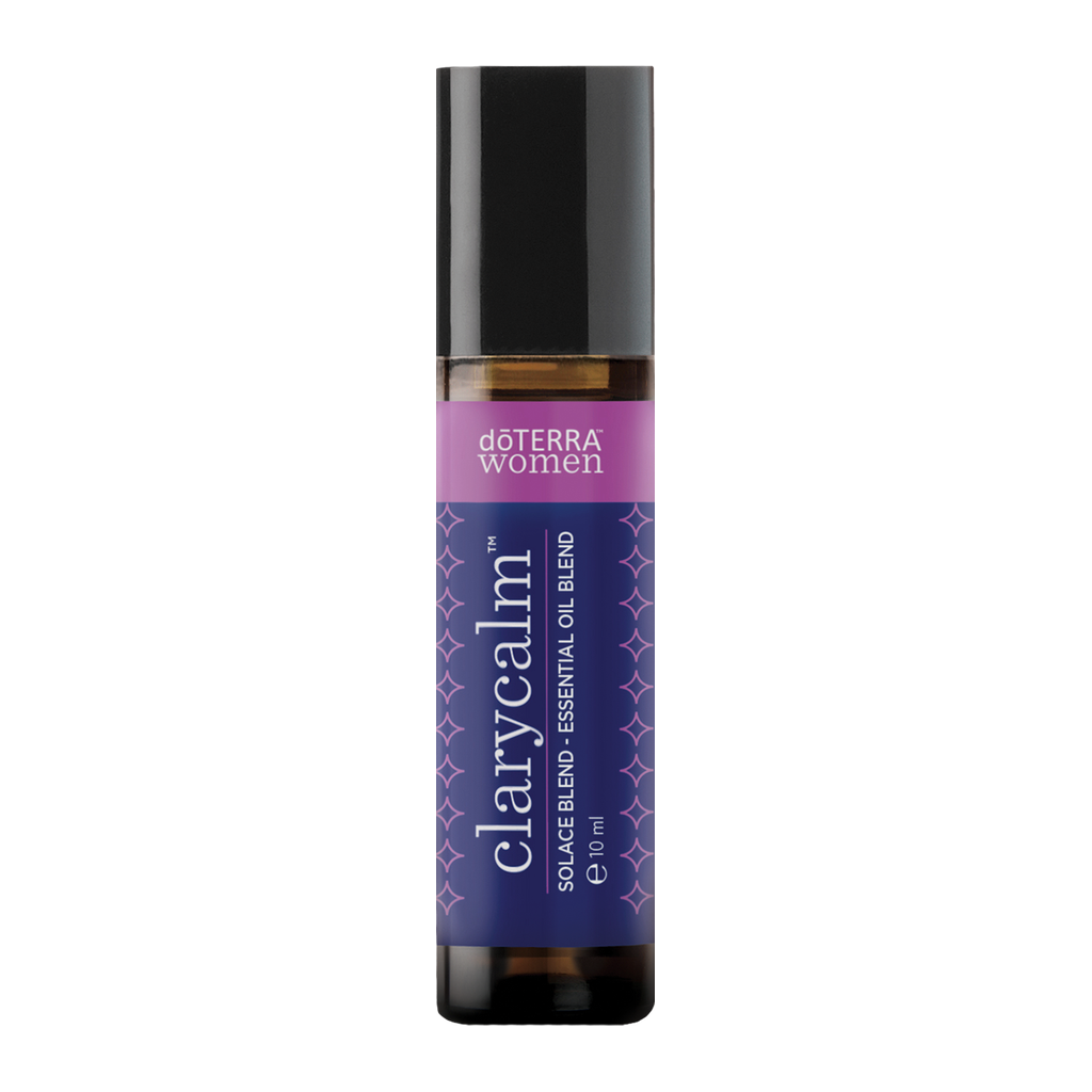 A 10 ml roll-on bottle of doTERRA Women Clarycalm Solace Blend Essential Oil Blend, featuring a purple and white label with a black cap, on a solid white background.