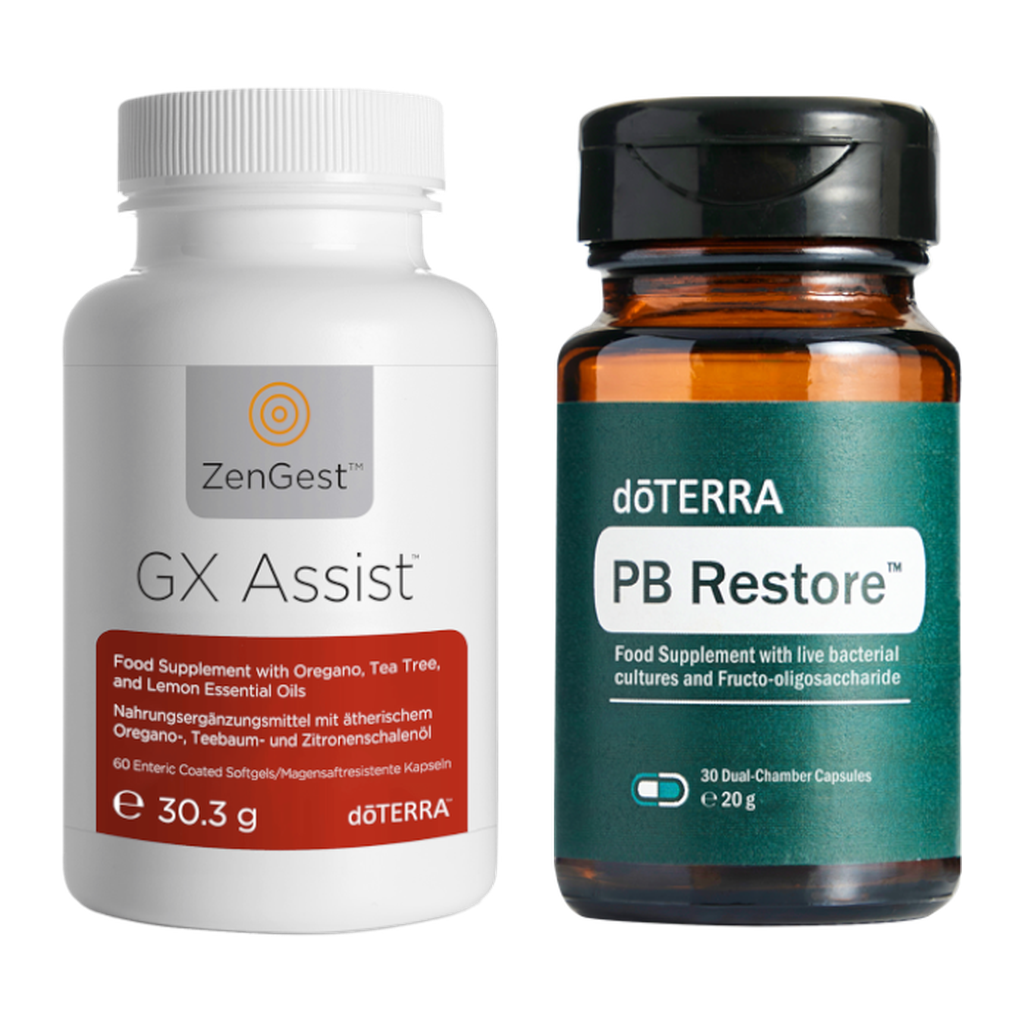 Two supplement bottles on a plain white background: a white ZenGest GX Assist bottle with a white cap and red label panel, and an amber döTERRA PB Restore bottle with a black cap and dark green label.
