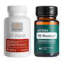 Two supplement bottles on a plain white background: a white ZenGest GX Assist bottle with a white cap and red label panel, and an amber döTERRA PB Restore bottle with a black cap and dark green label.