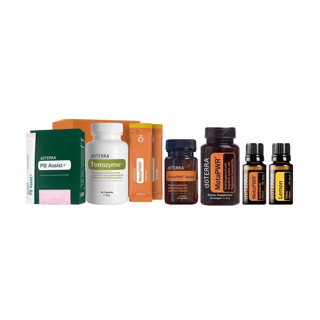 A collection of doTERRA wellness and supplement products arranged on a plain white background, including PB Assist, Terrazyme, MacaWr, and three essential oil bottles labeled Lemon, Melaleuca, and Rosemary.