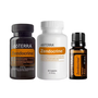 Three doTERRA Zenocrine supplement products on a white background: a dark bottle with orange label, a white bottle with orange label, and a small amber bottle with orange label.