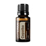 A 15 ml amber glass bottle of döTERRA Copaiba essential oil with a black ribbed cap and a beige and brown label, shown on a solid white background.