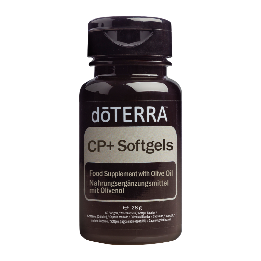 A bottle of doTERRA CP+ Softgels food supplement with olive oil, shown on a plain white background.