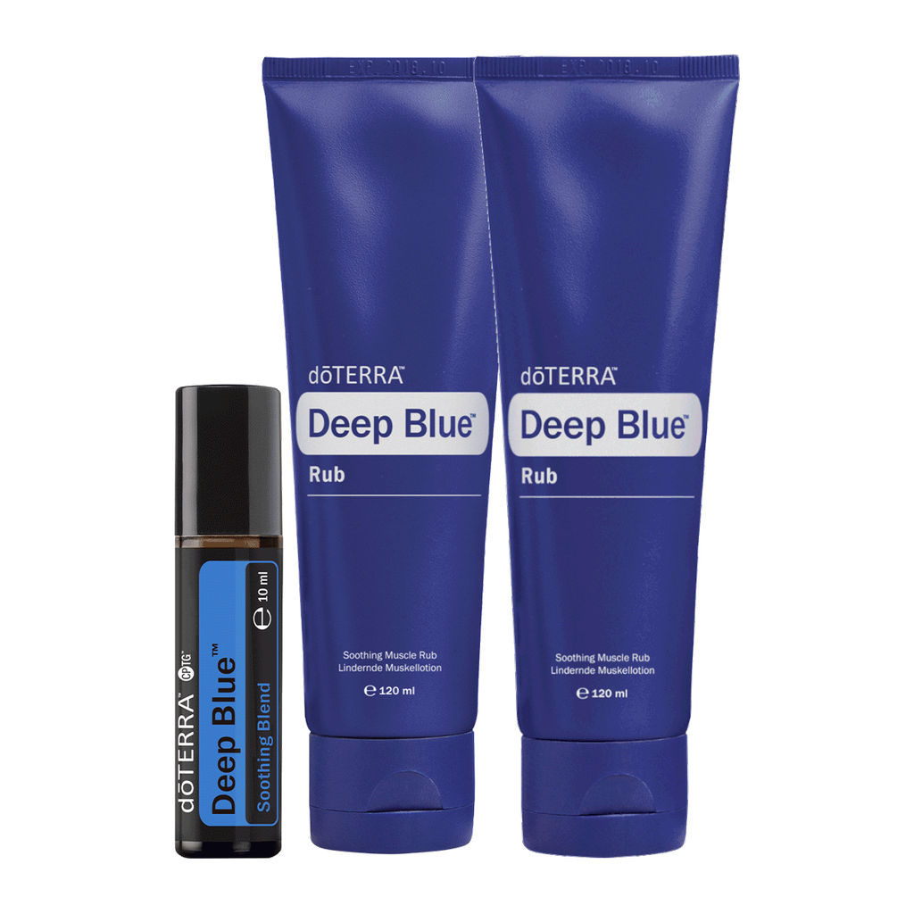 Two blue doTERRA Deep Blue Rub soothing muscle rub tubes and one small black and blue doTERRA Deep Blue Soothing Blend roll-on bottle on a white background.