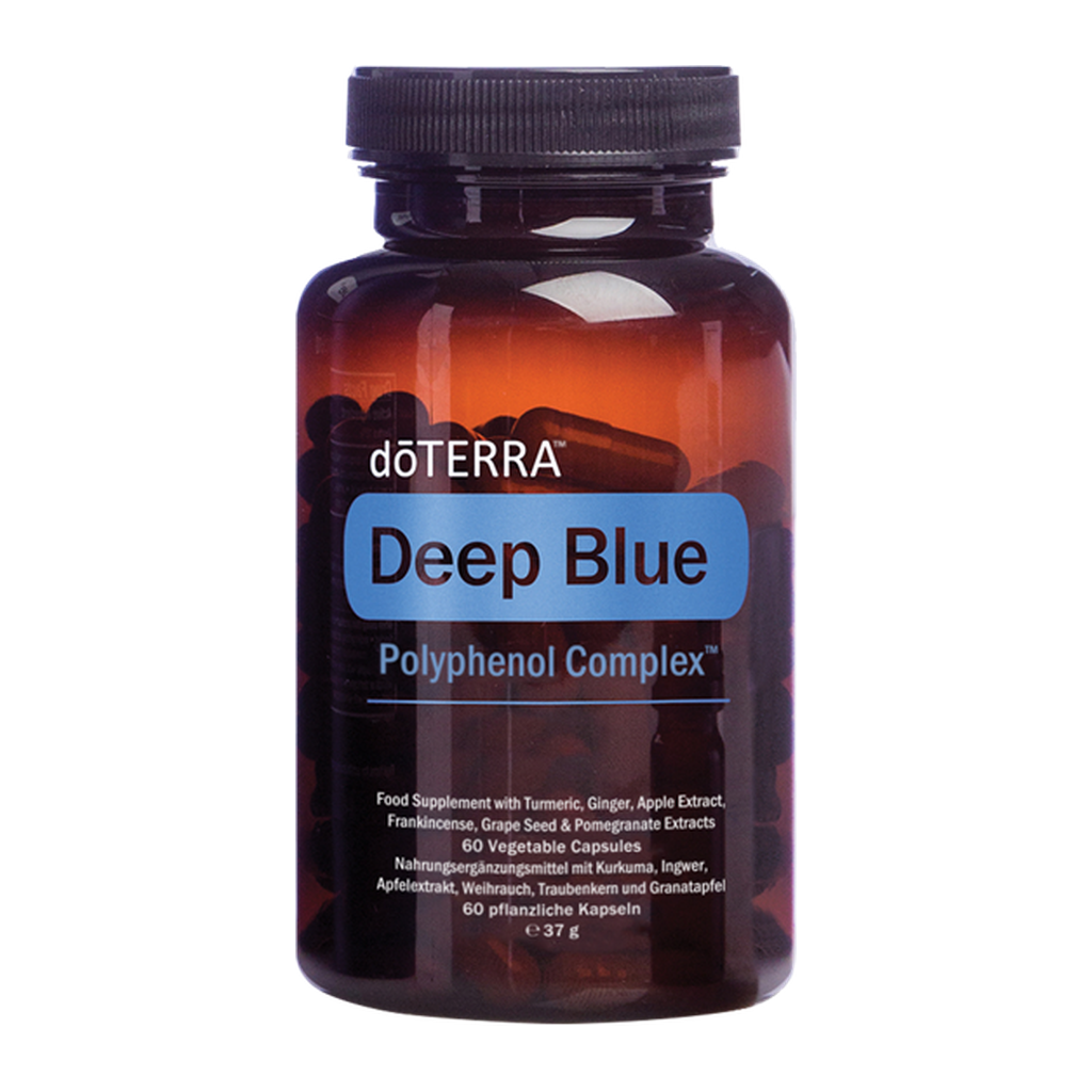 A bottle of doTERRA Deep Blue Polyphenol Complex food supplement capsules, featuring an amber brown bottle and a black cap on a white background.