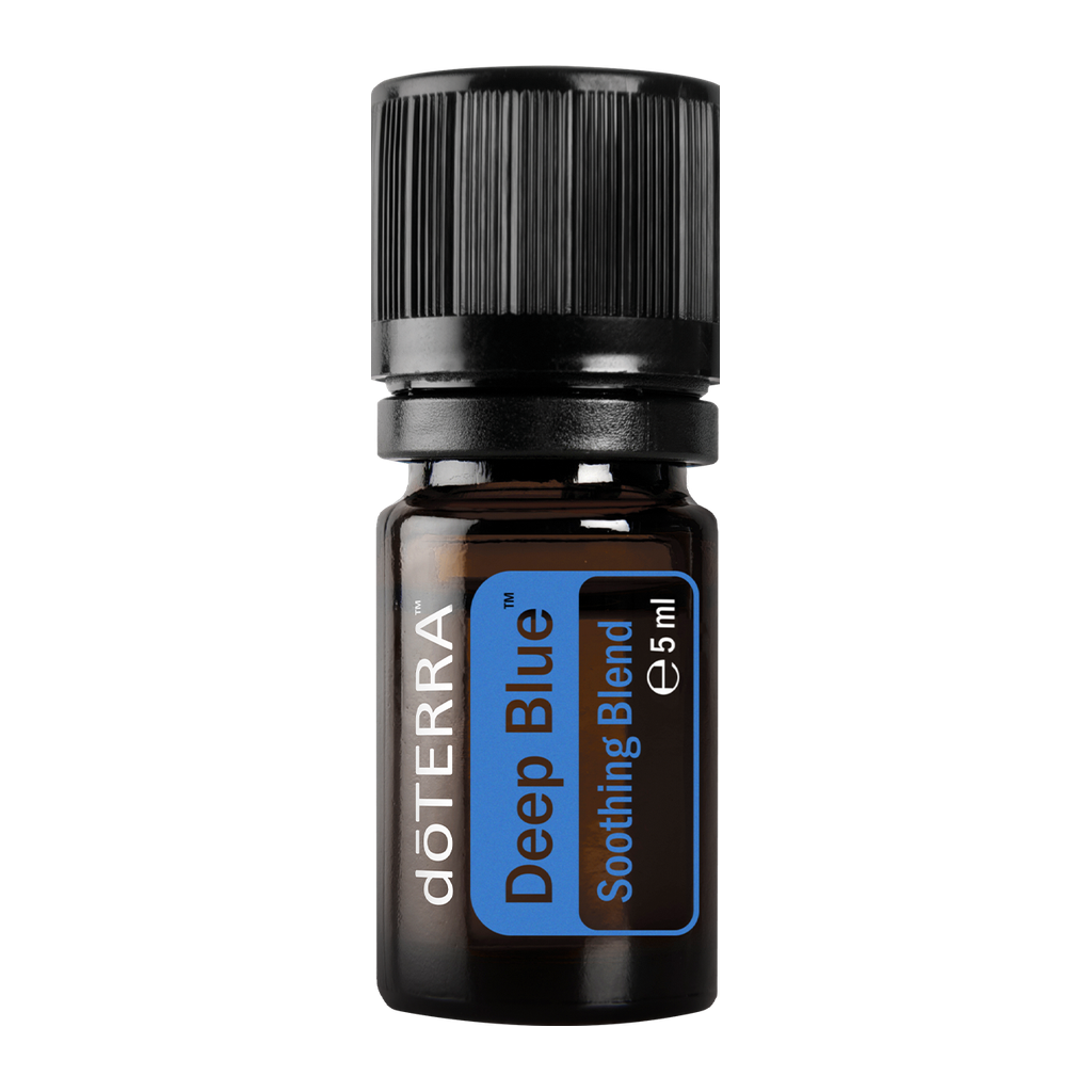 A 5ml amber glass bottle of doTERRA Deep Blue Soothing Blend essential oil with a black ribbed cap and a blue and white label, shown on a plain white background.