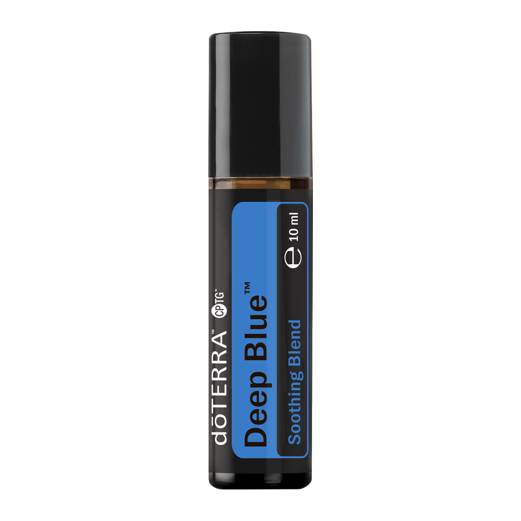 A 10 ml roll-on bottle of doTERRA Deep Blue Soothing Blend essential oil on a solid white background.