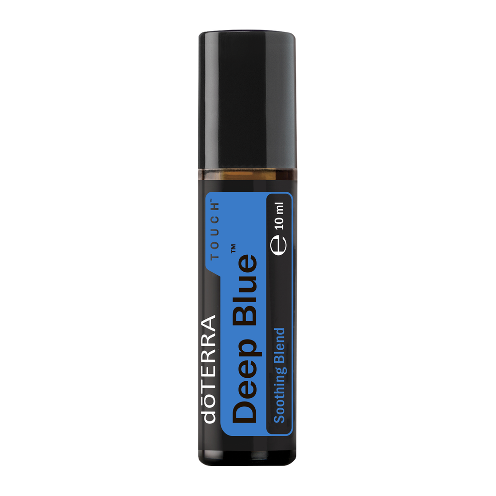 A 10 ml roll-on bottle of doTERRA Deep Blue Soothing Blend essential oil. The bottle has a black cap and base, with a blue and black label featuring the doTERRA brand name and 'Deep Blue' text.