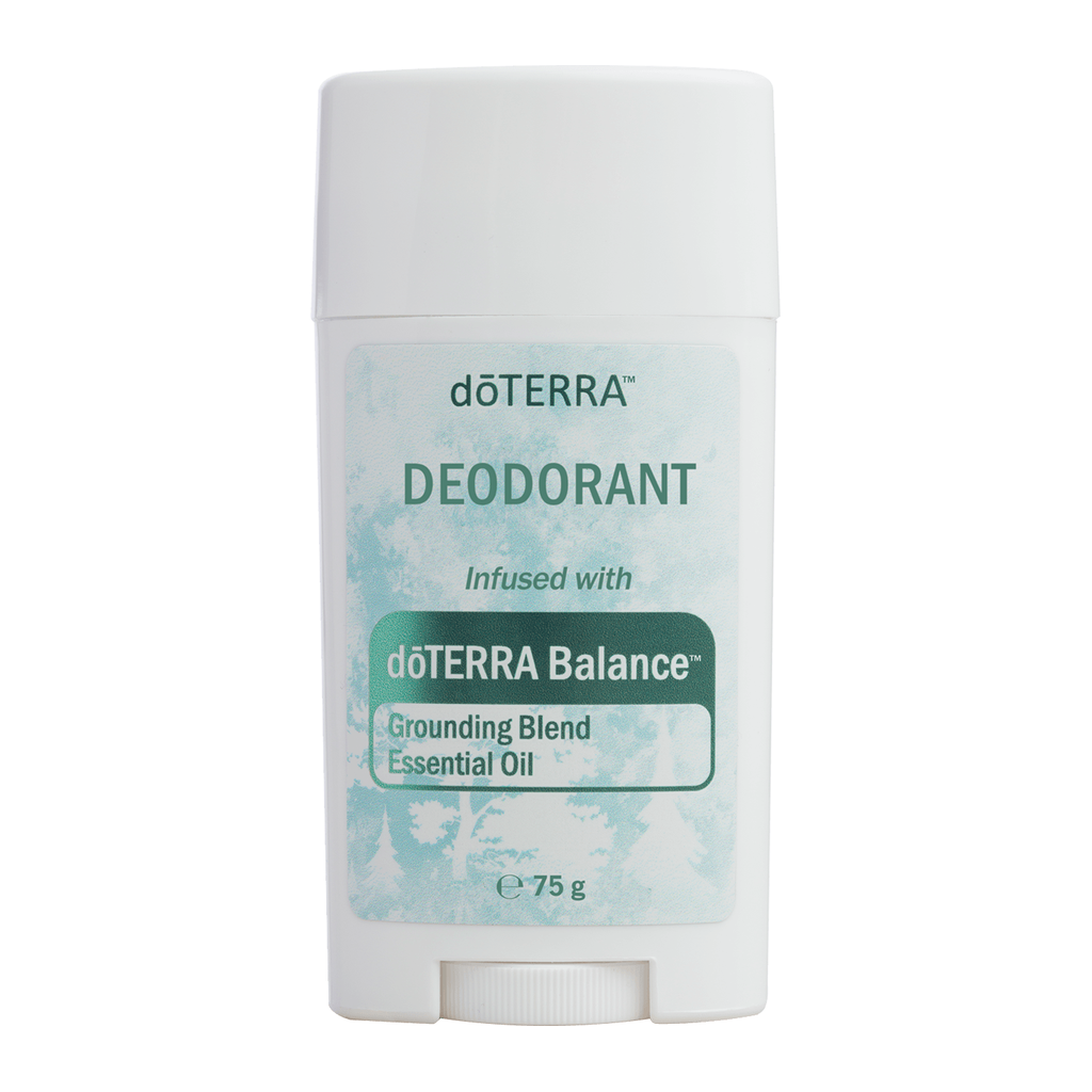A white doTERRA Deodorant stick with a light blue and green label, shown against a plain white background.