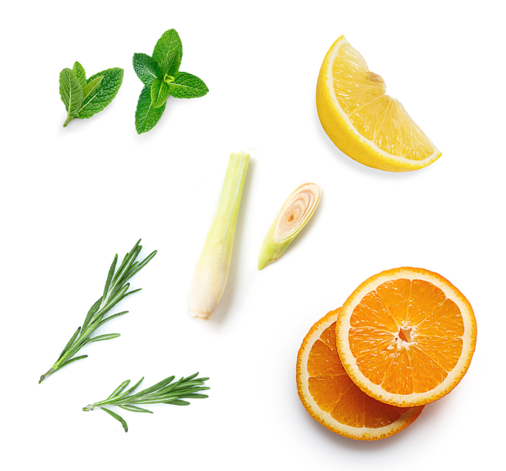 Fresh citrus and herb ingredients arranged on a white background, including mint leaves, rosemary sprigs, a lemon wedge, a sliced orange, and a cut piece of lemongrass.