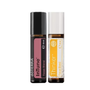 Two doTERRA focus blend roller bottles side by side on a white background: InTune in black with a pink label and Thinker in amber with a yellow label.