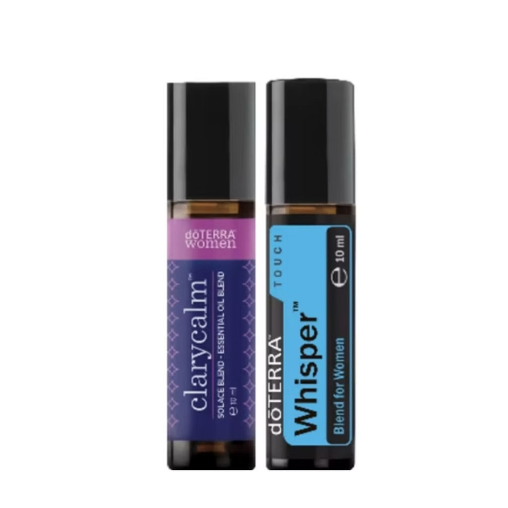 Two amber glass roller bottles with black caps from doTERRA, shown side by side on a white background. The left bottle has a purple label reading clarycalm, and the right bottle has a blue label reading Whisper Blend for Women.