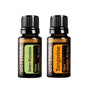 Two amber glass essential oil bottles with black caps on a white background. The left bottle is labeled doTERRA Green Mandarin, and the right bottle is labeled doTERRA Tangerine.