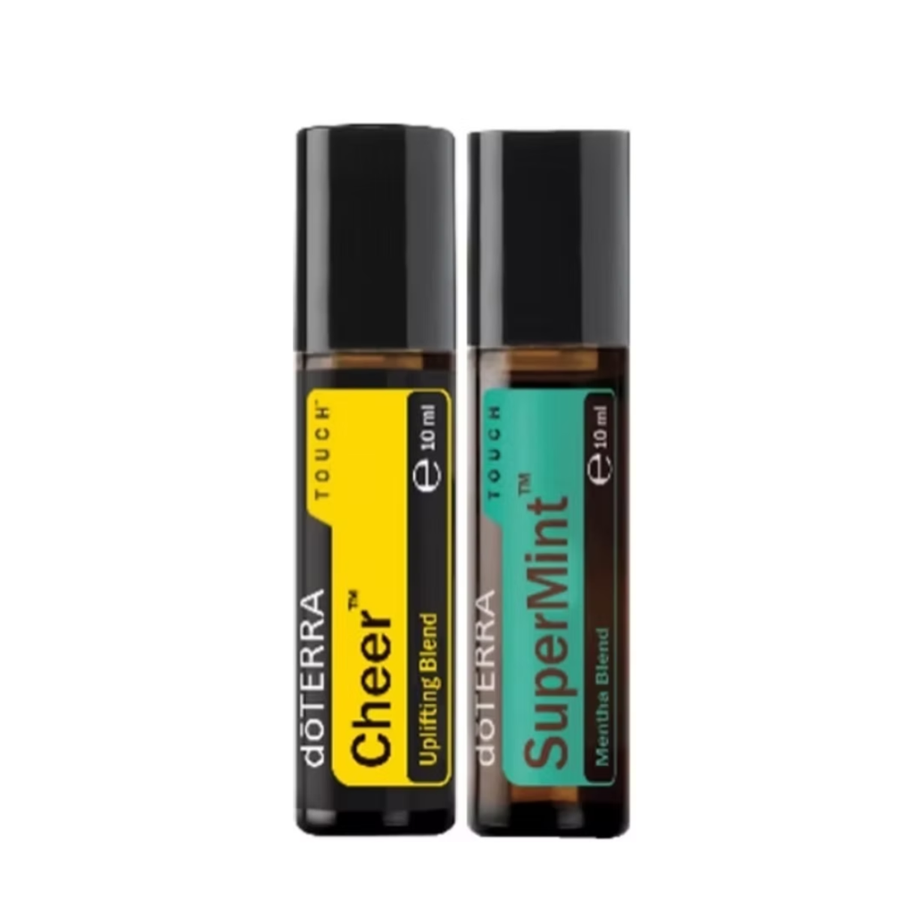 Two doTERRA Touch roll-on essential oil bottles on a white background: Cheer uplifting blend with a yellow label and SuperMint mint tea blend with a teal label.