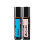 Two doTERRA Touch roll-on essential oil bottles, Peace Roasting Blend with a blue label and Magnolia Michella Alba with a pink label, on a white background.