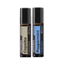 Two doTERRA Touch roll-on essential oil bottles on a white background: Copaiba Blend with a beige label and Peppermint with a blue label.