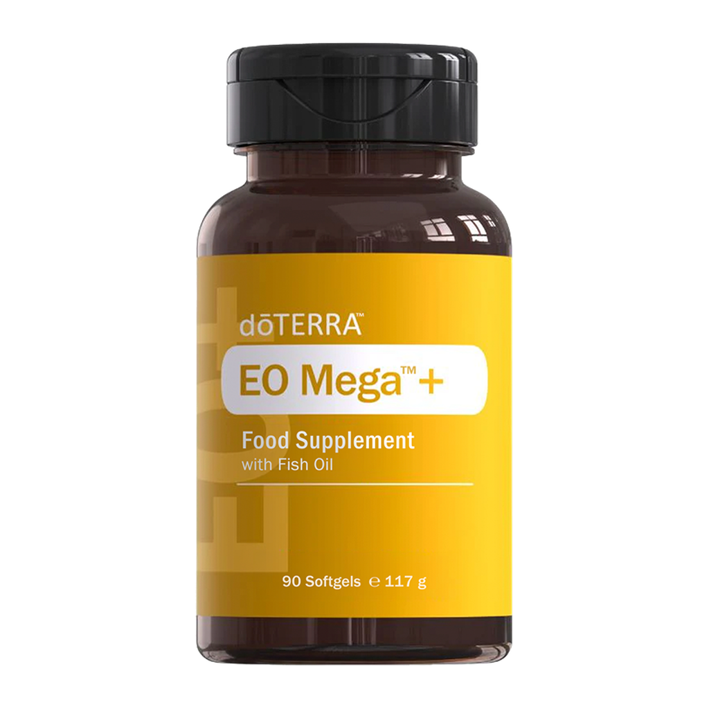 A bottle of doTERRA EO Mega+ food supplement with fish oil, featuring a bright yellow label and a black cap, set against a plain white background.