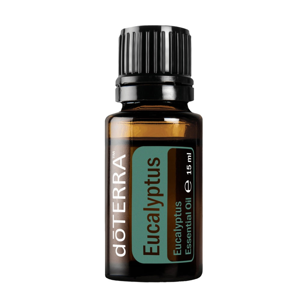 A 15 ml bottle of döTERRA Eucalyptus Essential Oil on a solid white background.