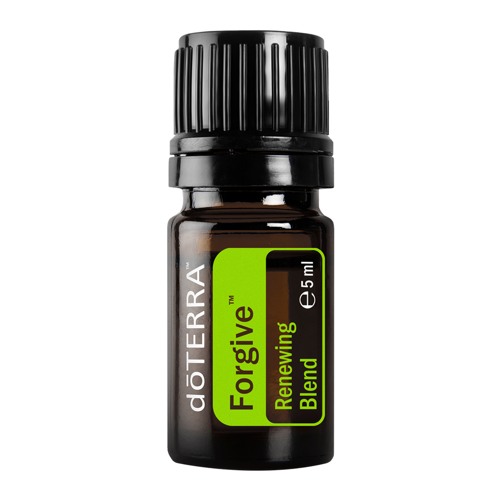 A 5 ml bottle of doTERRA Forg ive Renewing Blend essential oil on a solid white background.