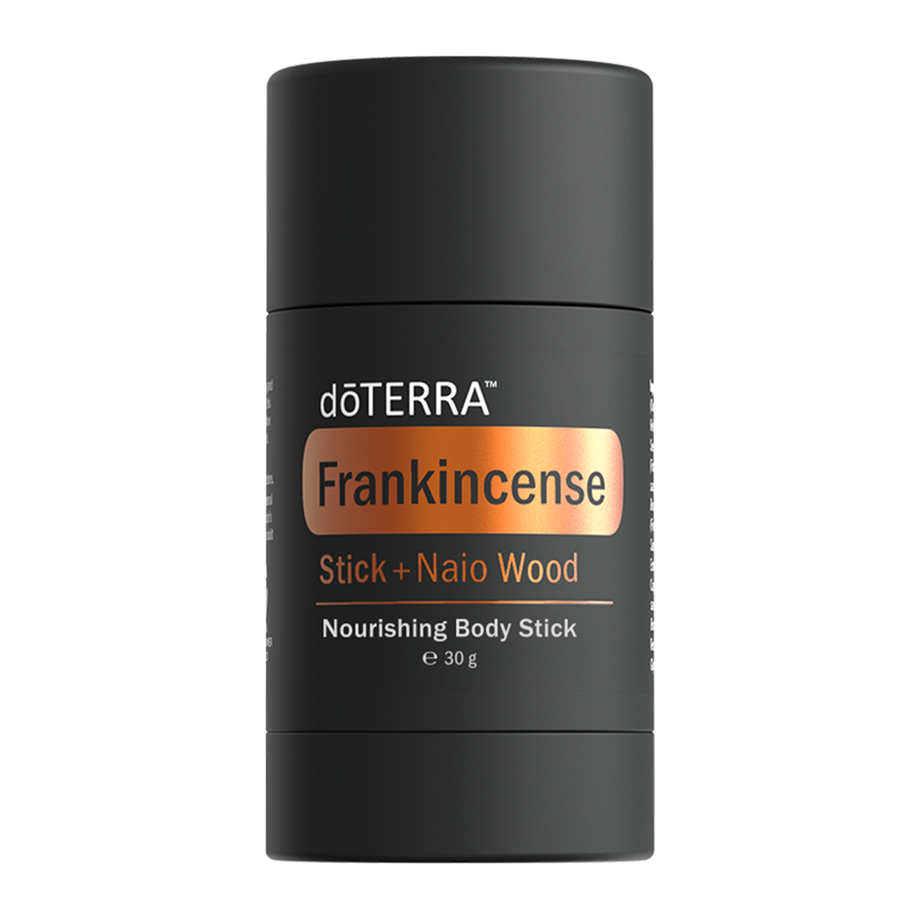 A black doTERRA Frankincense Stick + Nao Wood Nourishing Body Stick on a clean white background.
