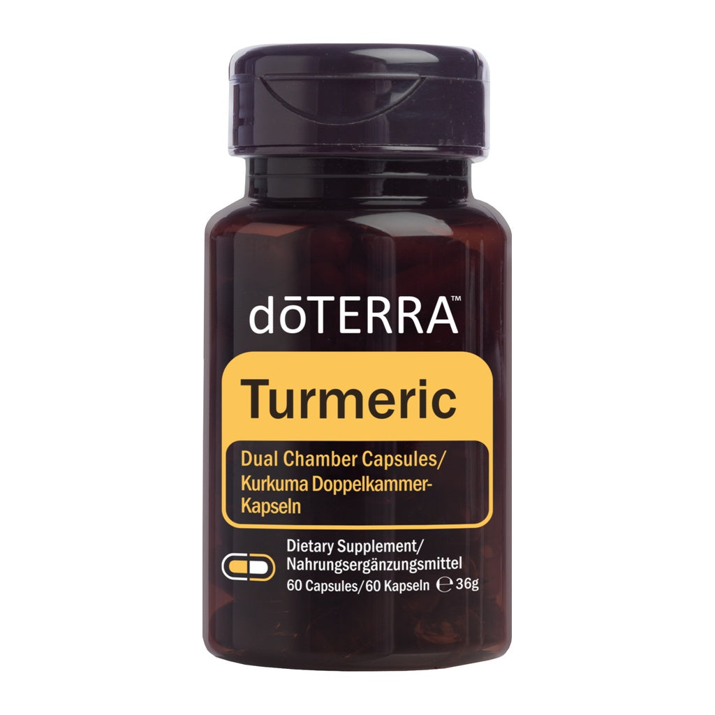 A bottle of doTERRA Turmeric Dual Chamber Capsules, 60 count, on a solid white background.
