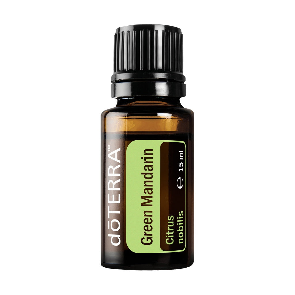 A 15 ml bottle of doTERRA Green Mandarin essential oil on a solid white background.