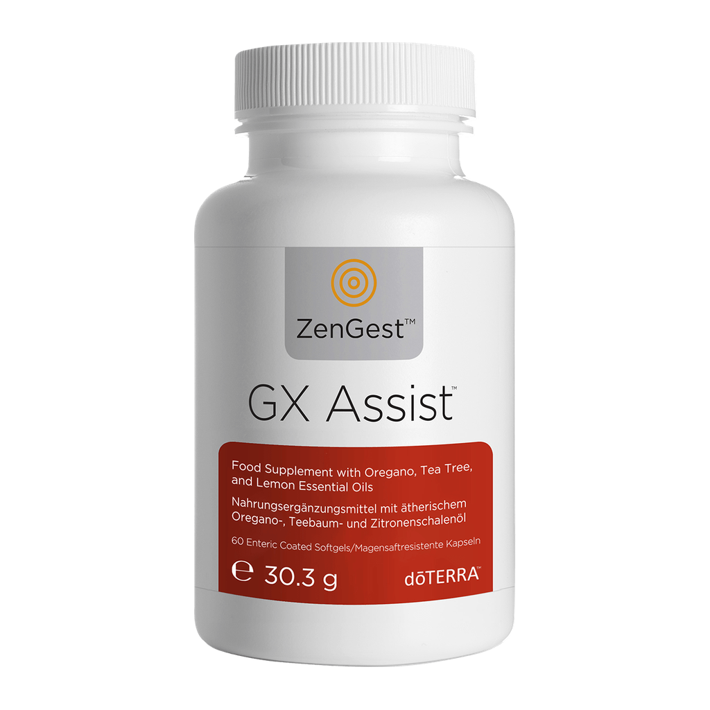 A white plastic bottle of ZenGest GX Assist food supplement by doTERRA, featuring a white ribbed cap and a label with a gray logo block and a red-orange block at the bottom.