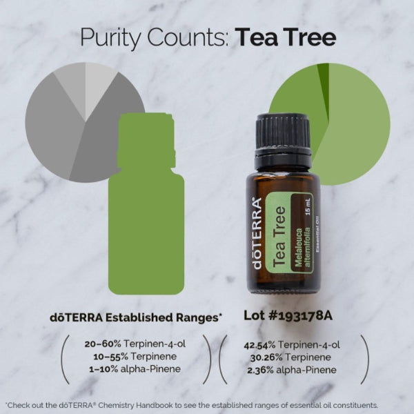 A product information graphic for dōTERRA Tea Tree essential oil. It shows a small amber bottle with a black cap and green label on the right, alongside a green bottle silhouette and two pie charts on the left.