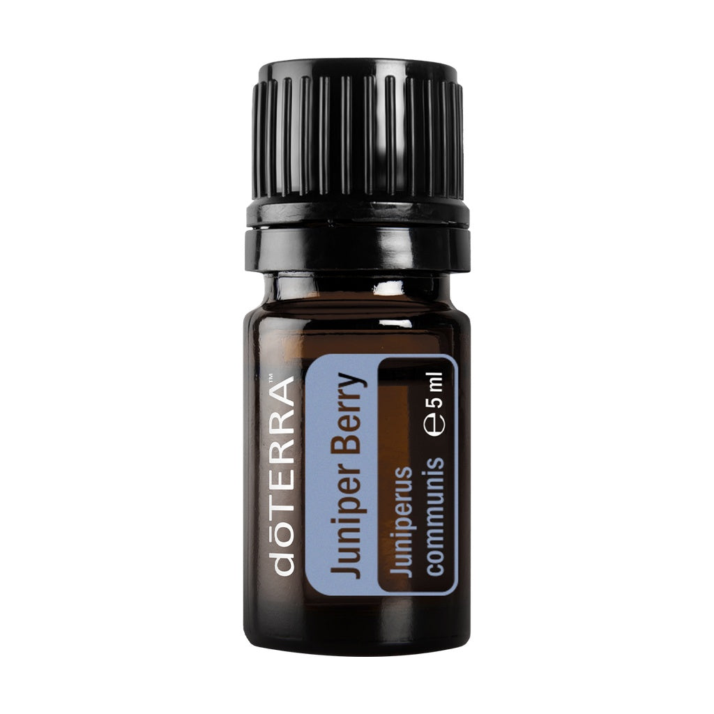 A 5ml amber glass bottle of doTERRA Juniper Berry essential oil with a black ribbed cap and a blue and white label, shown on a plain white background.