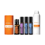 A set of doTERRA sun care and essential oil products arranged on a white background, including an orange Face + Body sunscreen tube, a Mesalger essential oil bottle, lavender and peppermint rollerball bottles, a ZenGest support spray bottle, and a white After Sun spray can.