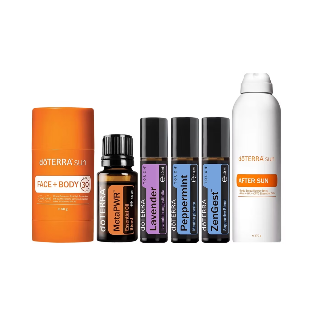 A set of doTERRA sun care and essential oil products arranged on a white background, including an orange Face + Body sunscreen tube, a Mesalger essential oil bottle, lavender and peppermint rollerball bottles, a ZenGest support spray bottle, and a white After Sun spray can.