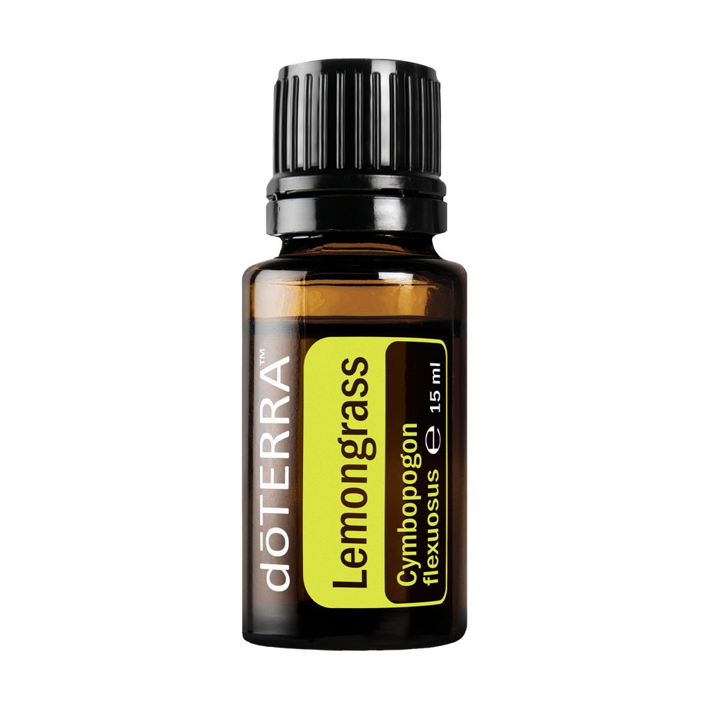 A 15 ml bottle of doTERRA Lemongrass essential oil on a solid white background. The bottle is made of amber glass with a black ribbed cap and features a yellow and black label with the doTERRA brand name and product name 'Lemongrass' printed vertically.