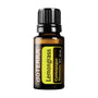 A 15 ml bottle of doTERRA Lemongrass essential oil on a solid white background. The bottle is made of amber glass with a black ribbed cap and features a yellow and black label with the doTERRA brand name and product name 'Lemongrass' printed vertically.