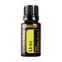 A 15 ml bottle of doTERRA Lime essential oil on a solid white background. The bottle is made of amber glass with a black ribbed cap and features a bright yellow-green label with black text.