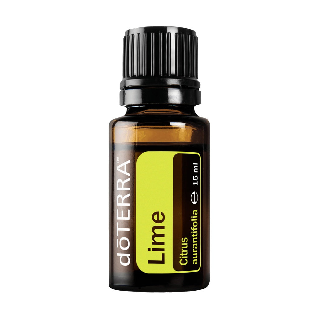 A 15 ml bottle of doTERRA Lime essential oil on a solid white background. The bottle is made of amber glass with a black ribbed cap and features a bright yellow-green label with black text.