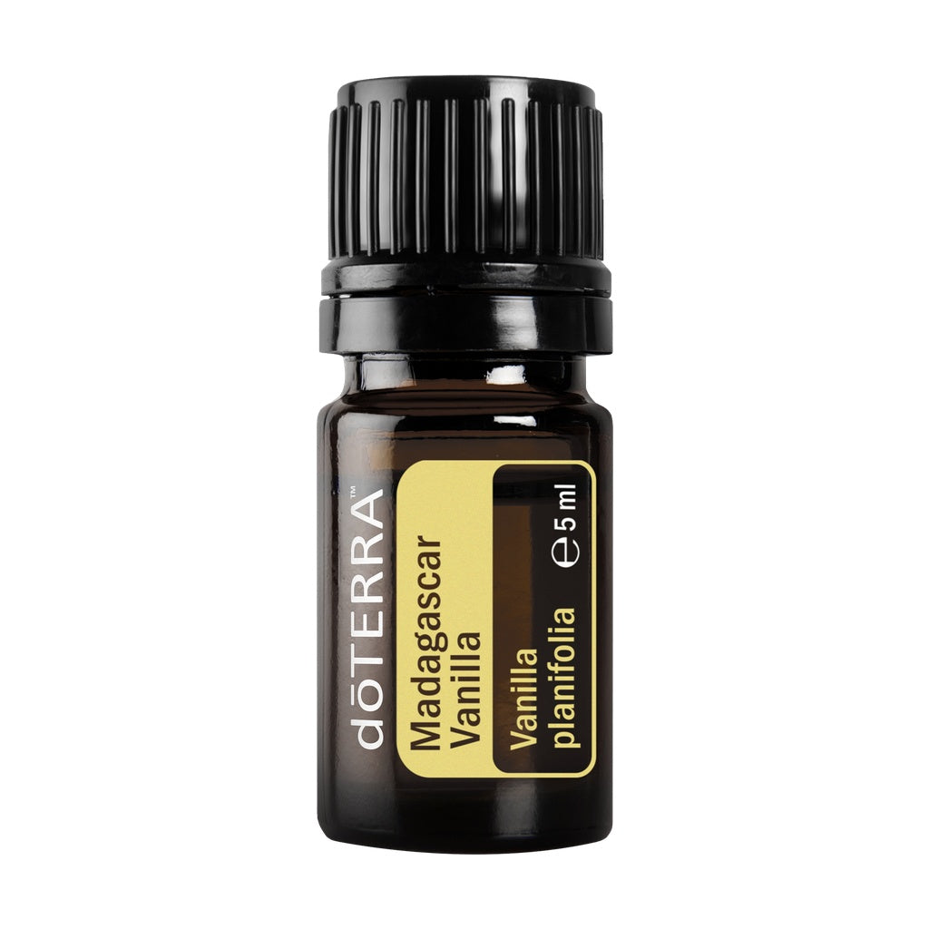 A 5ml bottle of doTERRA Madagascar Vanilla essential oil on a solid white background.