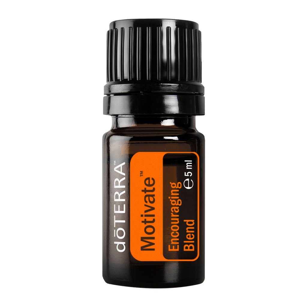 A 5 ml bottle of doTERRA Motivate Encouraging Blend essential oil on a solid white background.