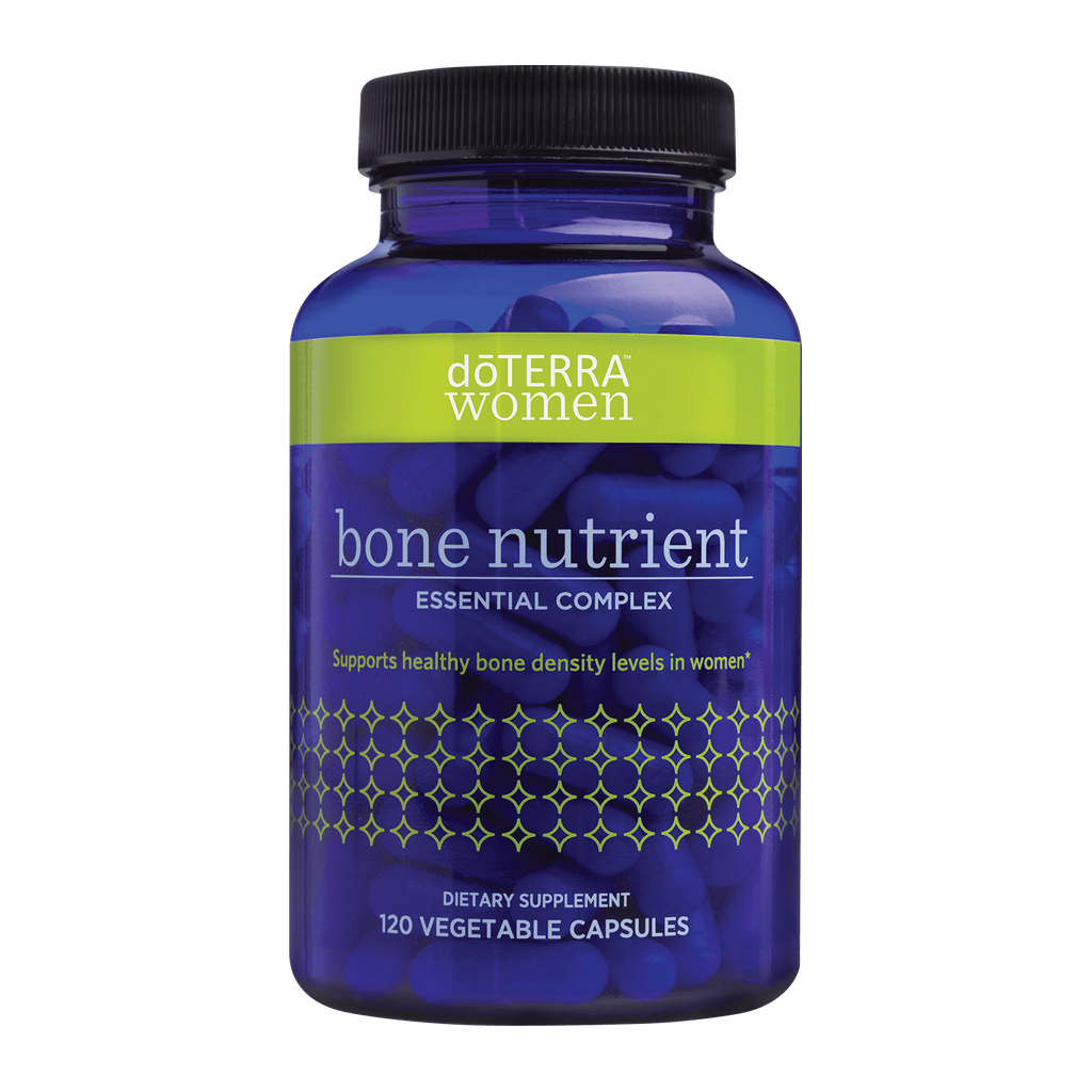 A bottle of doTERRA Women Bone Nutrient Essential Complex dietary supplement, featuring a dark blue bottle and cap with a lime green and dark blue label.